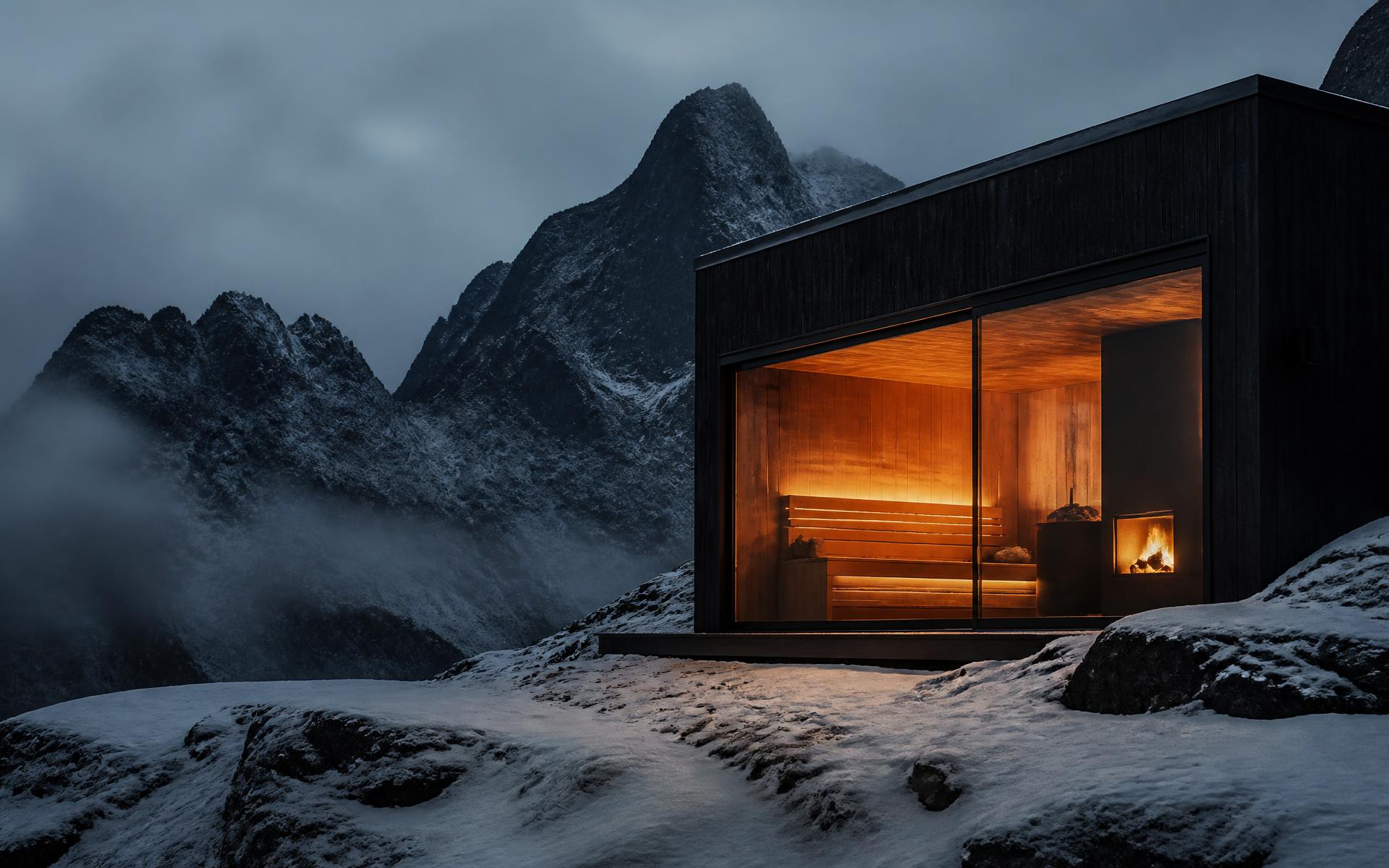Luxury outdoor sauna glowing warm amber on a dark, snow-dusted mountain ledge